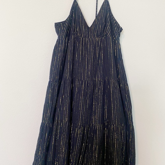 Boden Tiered Maxi Dress Coverup Navy Blue/Gold Lurex Stripe Boho Preppy Sz 6P - Picture 6 of 11